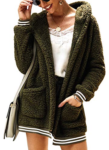 BTFBM Women Fleece Hooded - Open Front Long Sleeve Fuzzy Sherpa Loose Warm Winter Two Pockets Coat Jacket Outwear (Army Green, X-Large)