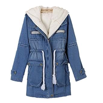 Shineflow Women's Fleece Lined Hood Denim Jeans Parka Jacket Overcoat (Medium) at Amazon Women's 