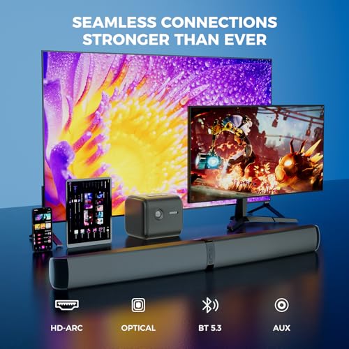 MZEIBO Sound Bar, 90W Soundbar for Smart TV, Bluetooth/ARC/Optical/AUX Connect, Detachable Design with Deep Bass for TV/PC/Gaming/Projector - 2-in-1 Home Theater Audio