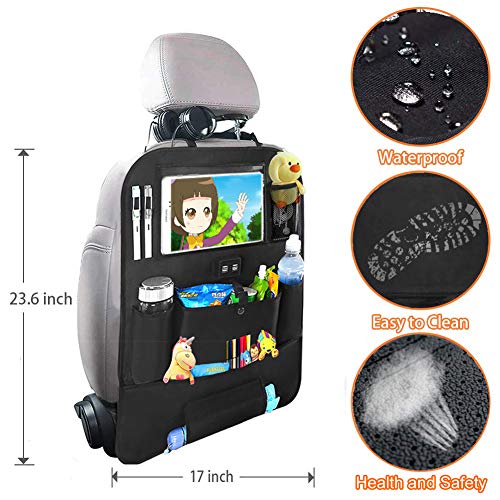 Car Backseat Organizer for Kids,Car Organizer Kick Mats Seat Back Protectors with Clear 10" Tablet Holder + 4 USB Charging Port Multi-use Storage Pockets for Baby Vehicles Travel Accessories(2 Pack)