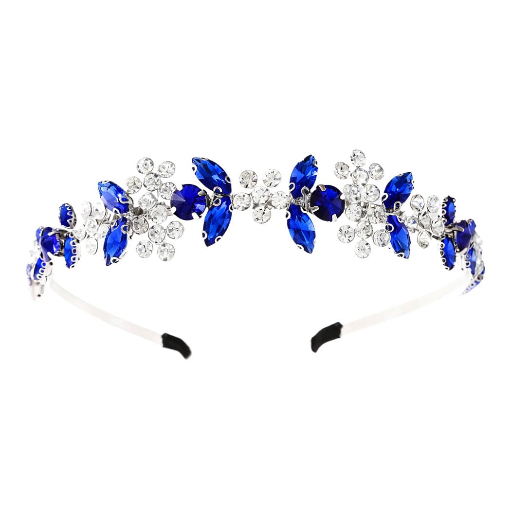 IYOU Crystal Bridal Headband Blue Sparkly Rhinestone Wedding Hair Bands Crown Flower Headpiece Tiara Prom Party Hair Accessories for Brides and Bridesmaid