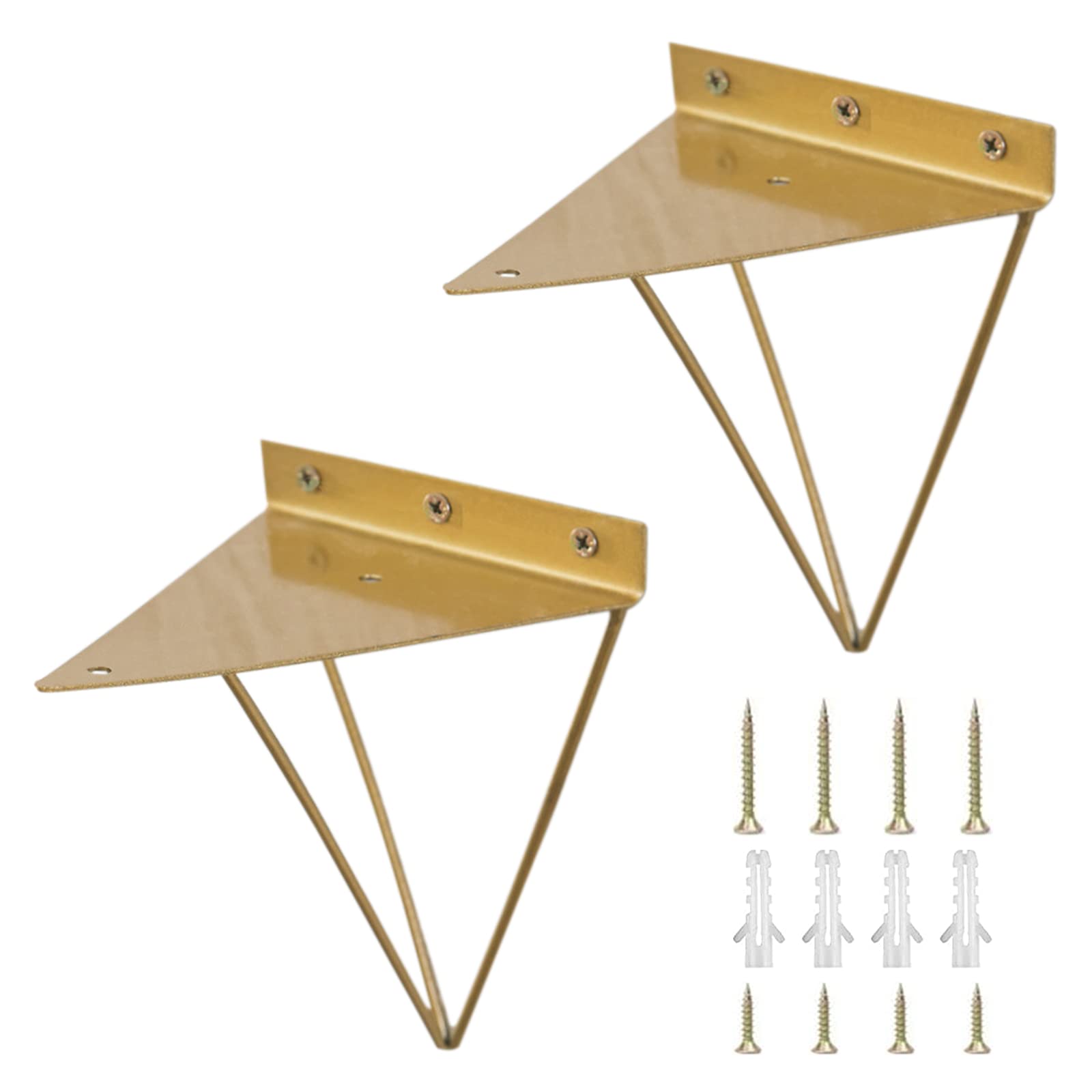 Morobor Hairpin Triangle Shelf Brackets, 2pcs Metal Shelf Brackets with Screws (Gold)