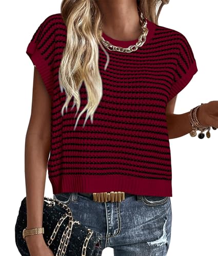 PRETTYGARDEN Womens Short Sleeve Sweater Spring Summer 2025 Round Neck Striped Pullover Cap Sleeve Knit Sweater Vest Tops