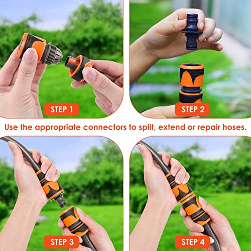 Garden Hose Connector Kit, Pack of 12 Hose Connectors, Hose Connection Including 1/2 Inch to 3/4 Inch Adapter, Tap Connection G1, Quick Coupling 1/2 Inch, Double Plug, Y Splitter and Water Nozzle