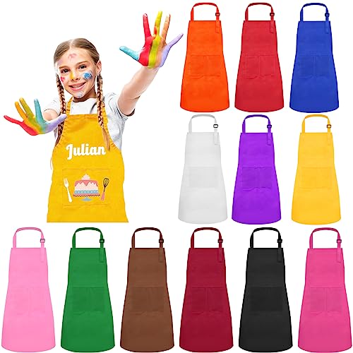 Ecoofor 12 Pieces Kid Aprons Kids Painting Aprons with 2 Pockets Adjustable for 7-13 Age Children Chef Aprons for Art Painting Cooking Baking