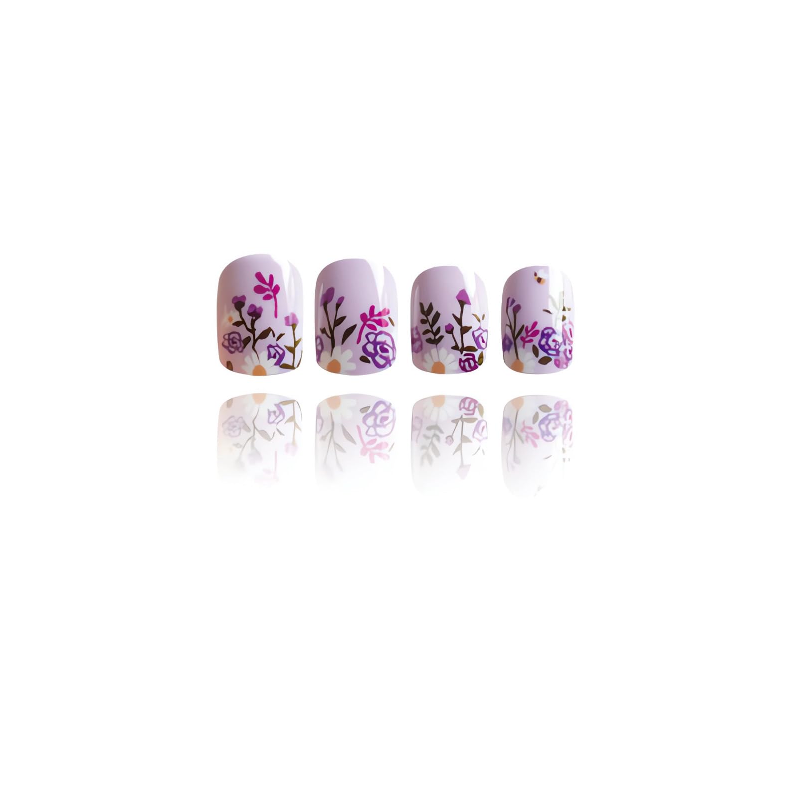 24Pcs Spring Flower Press on Nails Short Square Fake Nails Purple Flowers Glue on Nails Short Purple False Nails with Leaf Flower Designs Cute Floral Glue on Nails Summer Stick on Nails for Women - Image 5