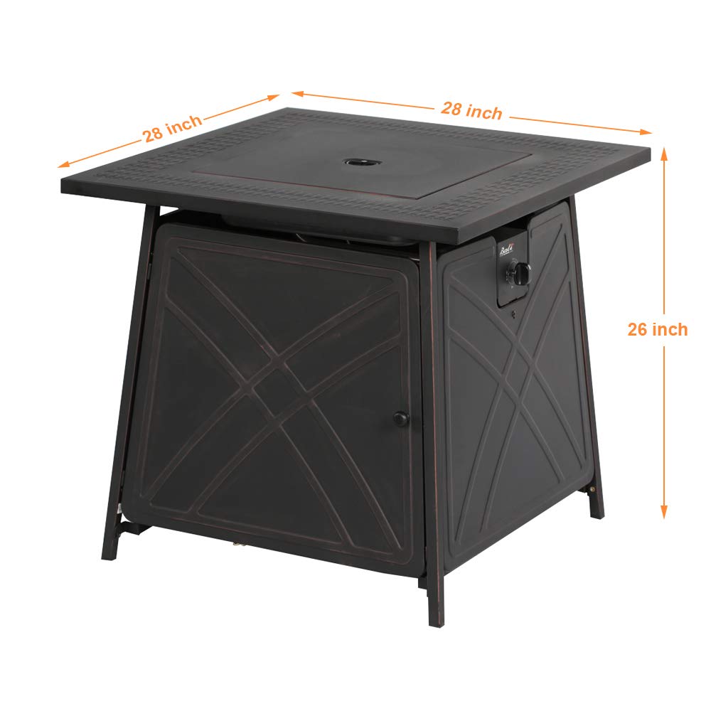 BALI OUTDOORS Gas Fire Pit Table, 28 inch 50,000 BTU Square Outdoor Propane Fire Pit Table with Lid and Blue Fire Glass