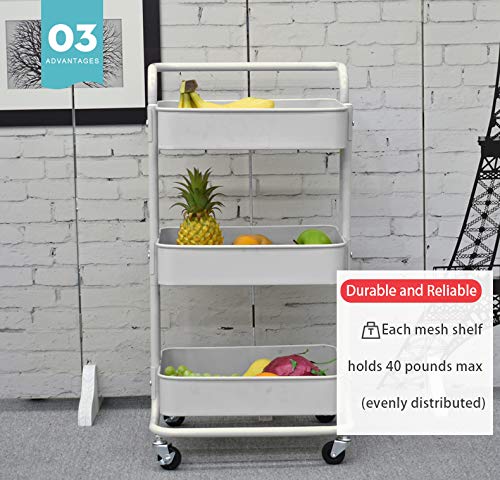 Iris'Home 3-Tier Metal Rolling Utility Cart with Handles, Art Storage Cart, Makeup Cart with Wheels, Lash Cart Organizer, Book Cart, Bathroom Cart, White
