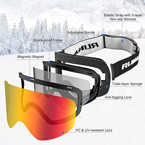 RUNACC Ski Snowboard Snow Goggles Magnet Layers Lens Over Glasses, Anti-Fog 100% UV400 Protection for Men & Women (Red)