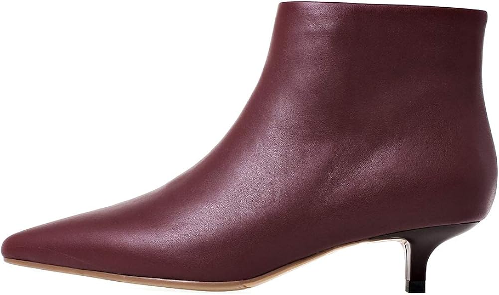 COLETER Women's Wine Leather Ankle Boots Pointy Toe Kitten Heel Side