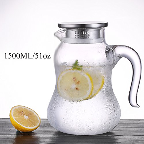 ONEISALL Borosilicate Glass Water Pitcher with Stainless Steel Lid - 1500ML/51oz Carafes with handle infuser Juice Tea Milk DHTUS695