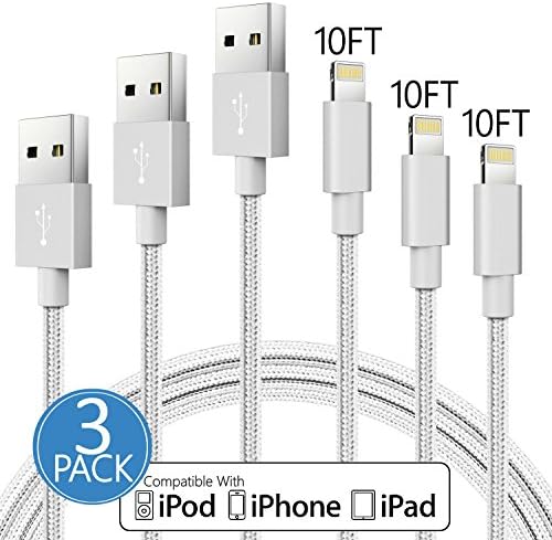 Lightning Nylon Braided 3-PACK 10FT / 3M Certified Sync &amp; Charge [Lightning 8 Pin to USB] Heavy Duty Cable for iPhone 8, iPhone 7,7 Plus,6S, 6S+,6 ,5S 5C SE,iPad Mini, Air, iPad, iPod on iOS10