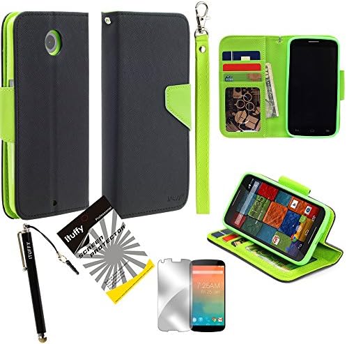 3 items Combo: ITUFFY (TM) LCD Screen Protector Film + Stylus Pen + MultiFunction 2-Tone Portfolio Leather Wallet with Inner Soft TPU Rubber Skin &amp; ID Card Slots with Lanyard and Magnetic closure for Motorola Google Nexus 6 (6.0" Screen Size) (Black - Neon Green)