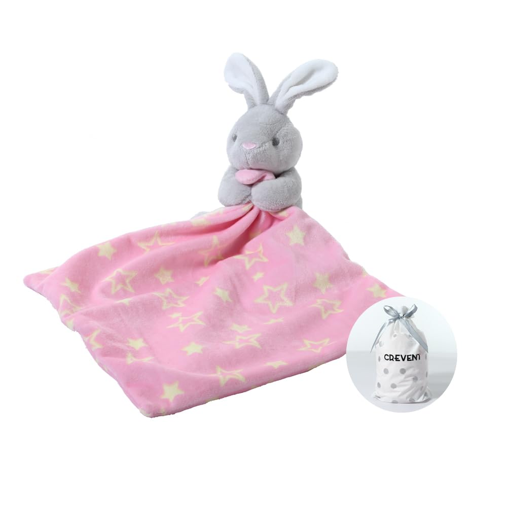 CREVENT Cozy Plush Baby Security Blanket Loveys for Baby Girls with Animal Face, Fleece Comforter Cuddle Blanket,Baby Shower/Birthday/Receiving Gifts for Newborns Infant Toddler (Hugging Bunny)
