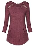 Vivilli Tunic Tops For Leggings For Women, Women's 3/4 Sleeve Tees Crew Neck Round Hem Latest Shirt Tops Wine Large