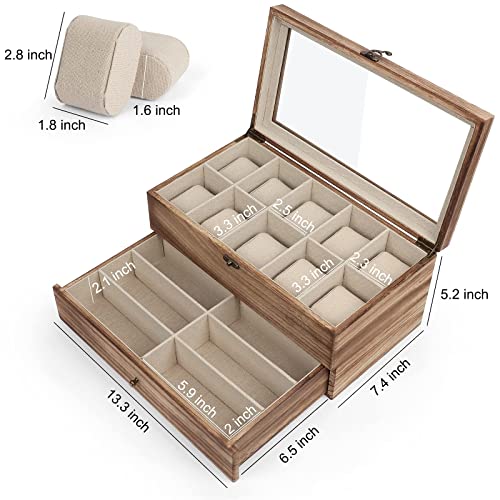 Meangood Watch Box Case, Sunglasses Holder for Men Women, 16 Slot 2 Tier Large Premium Wood Organizer with Glass Top, Rustic Style Torched Wood