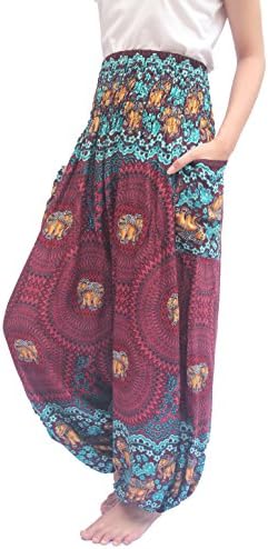 ChiangmaiThaiShop Harem Pant Yoga Bohos Extra Size For Men &amp; Women Elastic Waist smocks Rayon (C-Red, Medium)