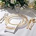 bUCLA 25 Guest Clear Gold Plastic Plates with Disposable Silverware, Hammered Design Tableware include 25 Dinner&25 Salad Plates,25 Forks, 25 Knives, 25 Spoons