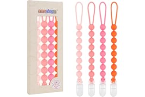 AMAZINGM One Piece Design Silicone Pacifier Clip Holder for Baby Boys and Girls,Flexible Pacifier Leashes,Soft Teether Clip for Newborns,4-Pack. (Pink)