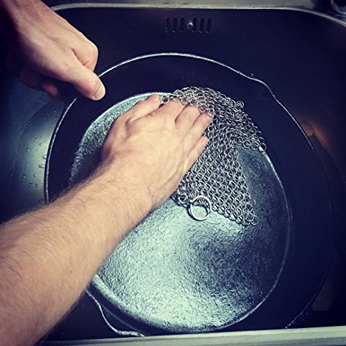 Silicone Hot Handle Holder Kit Inc. Cast Iron Cleaner Chainmail Scrubber with Storage Hook, 1 Pan Scraper, 1 Grill Scraper