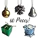 Christmas Ornaments Set - Mini Ornaments - Gold Balls, Silver Bells, Silver Iridescent Drums, Pinecones & Green Presents - 1 1/2