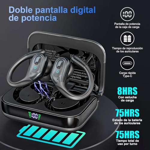 Fones de ouvido esportivos sem fio, fones de ouvido estéreo Bluetooth, 75 horas de reprodução, com microfone HD, cancelamento de ruído ENC, tela de LED duplo, à prova d'água IP7