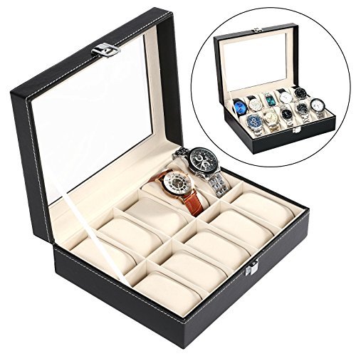 New Black 10 Slots Watch Storage, Synthetic Leather Glass Window Display Box Jewelry Case [US STOCK]