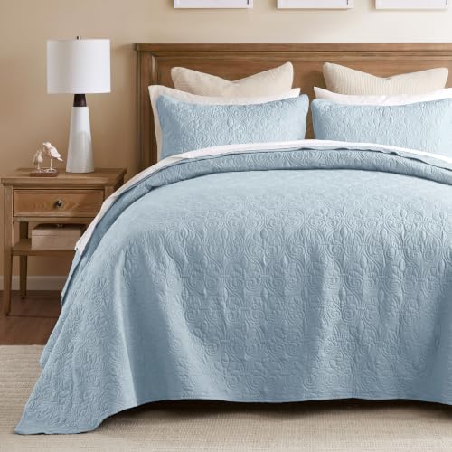 Madison Park Quebec Reversible Quilt Set Damask Design, Double Sided Stitching All Season, Lightweight Bedspread Bedding Set, Matching Sham, Blue, King(120x118) 3 Piece
