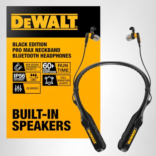 DEWALT Neckband 2-in-1 Heavy Duty Bluetooth Headphones, Wireless Earphones with Built-in Speakers, 60+ Hours Autonomy HD Microphone, IP56 Waterproof, Ideal for Construction Site, Workshop and Outdoor Black