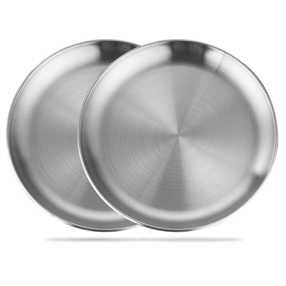 Betinyar 2 Pieces 8 Inch Stainless Steel Round Plate, Metal Camping Plates, Stainless Steel Plates, Reusable Metal Dinner Plates for Outdoor Picnic Camping(Silver, 20cm)