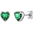 Suplight Dainty 925 Sterling Silver Birthstone Heart Crystal Necklace/Stud Earrings, Minimalist BirthStone Necklaces Earrings Jewelry for Women (with Gift Box)
