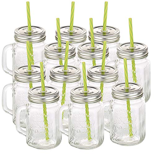 PEARL Einmachglas mit Henkel: Retro-Trinkglas mit Henkel, Deckel und Trinkhalm, 12er-Set (Glas mit Deckel und Strohhalm)