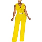 DinyIn Women's Summer Formal Dressy Jumpsuits Elegant V Neck Sleeveless Party Rompers Stretchy Wrap Wide Leg Long Pants Clubwear,30Yellow Small