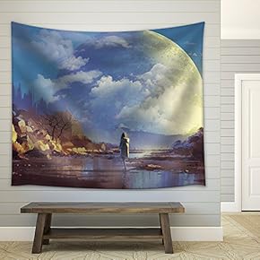 Scenery of Lonely Woman Looking at Another Earth,Illustration Painting - Fabric Wall Tapestry Home Decor - 51x60 inches