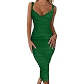 BEAGIMEG Women's Sexy Bodycon Sleeveless Ruched Mesh Club Party Midi Dress