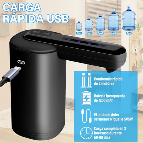 KIROGILY Dispensador de Agua Garrafon, Dispensador de Agua Recargable por USB Todo en Uno, Bomba de Agua Garrafon Portátil, Garrafon Dispensador Bombeo Rápido 2 Motores
