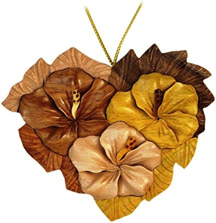 Hawaiian Style Handmade Wood Christmas Ornament Heart Shaped Hibiscus Flowers