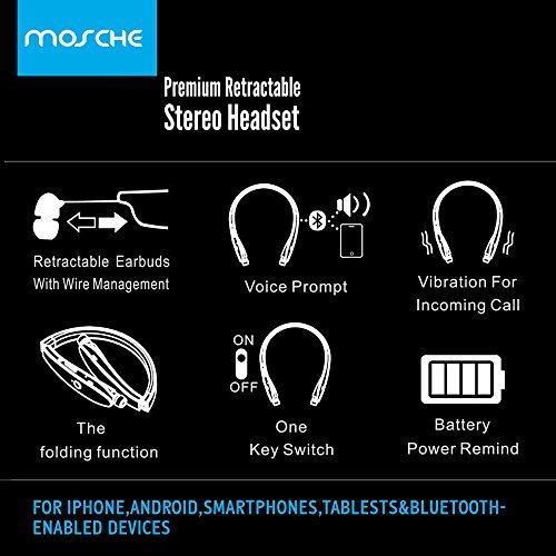 Bluetooth Headset, MOSCHE Bluetooth 4.1 Wireless Stereo Headphones Headsets Neckband with Retractable Bluetooth Earbuds with Mic for iPhone and Android Cell Phone(Black)