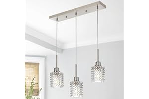 TODOLUZ Pendant Lighting for Kitchen Island, Brushed Nickel 3-Lights Hanging Light Fixture with Hammered Glass, Ceiling Mount Lamp for Living Dining Room