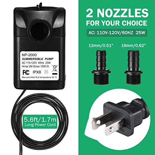 Homasy Upgraded 400GPH Submersible Water Pump with 36 Hours Dry Burning, 25W Fountain Water Pump with 5.6ft Power Cord for Aquarium, Pond, Fish Tank, Water Pump Hydroponics - Thumbnail 5