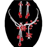 Chunlin Wedding Bridal Flower Leaf Rhinestone Crystal Necklace Drop Earrings Jewelry Set (Red)