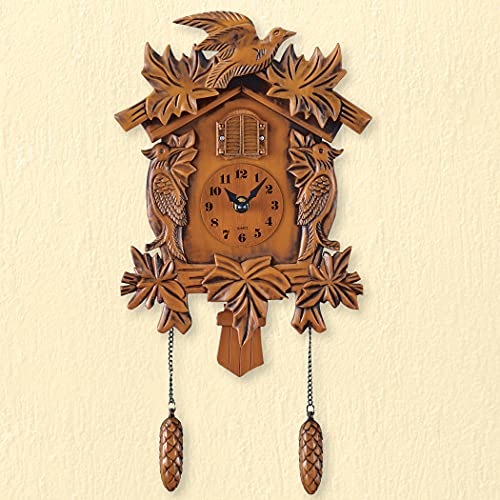 Antique Hanging Cuckoo Clock Birds, Leaves, & Pine Cone Decorated Hourly Sound & PopOut