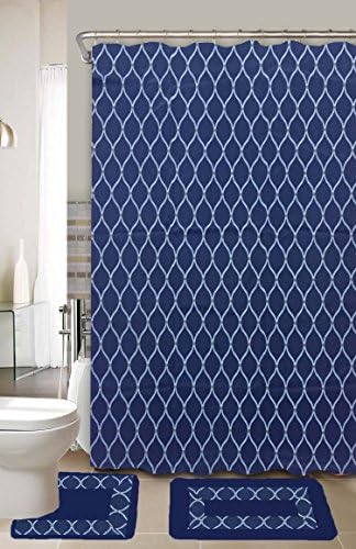 15 Piece Bathroom Accessory Set: 2-Rugs/Mats (1-Contour Rug, 1-Bath Mat) Poly Acrylic Pile Rubber Backing, 1-Fabric Shower Curtain, 12-Fabric Covered Rings -Different Colors &amp; Styles- (Huda)