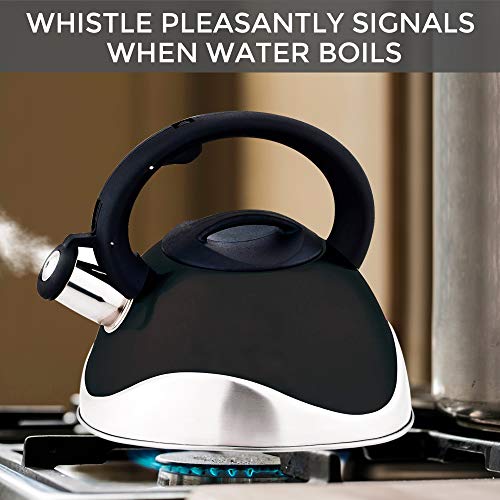 Whistling Stainless Steel Tea Kettle With Soft Grip Ergonomic Handle by American Dream- Stovetop Pot 3.2 QT-Black - Thumbnail 3