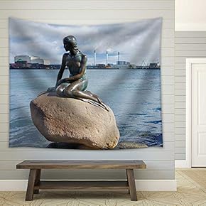 the Little Mermaid,The Statue Symbol of Copenhagen - Fabric Wall Tapestry Home Decor - 51x60 inches