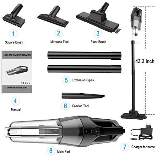oneday Handheld Vacuum Cordless Hoover Rechargeable Stick Vacuum Cleaner Cyclonic Suction Low-noise with 6 Accessories