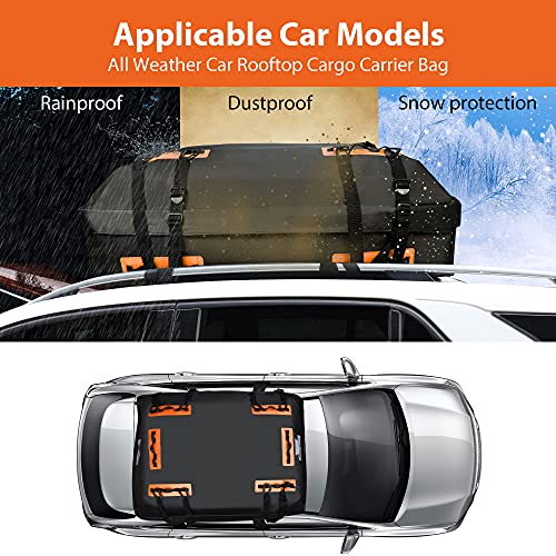 Rynapac Waterproof Car Roof Bag, 15 Cubic Feet Soft Shell Car Rooftop Cargo Bag, Car Luggage Carrier Roof Rack Bag with 6 Reinforced Adjustable Straps and Storage Bag for Cars with Racks(Black-Orange)