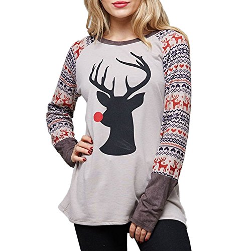 Fantastic Zone Women's Casual Elk Christmas Holiday Celebration Long Sleeve T Shirt Tunic Tops