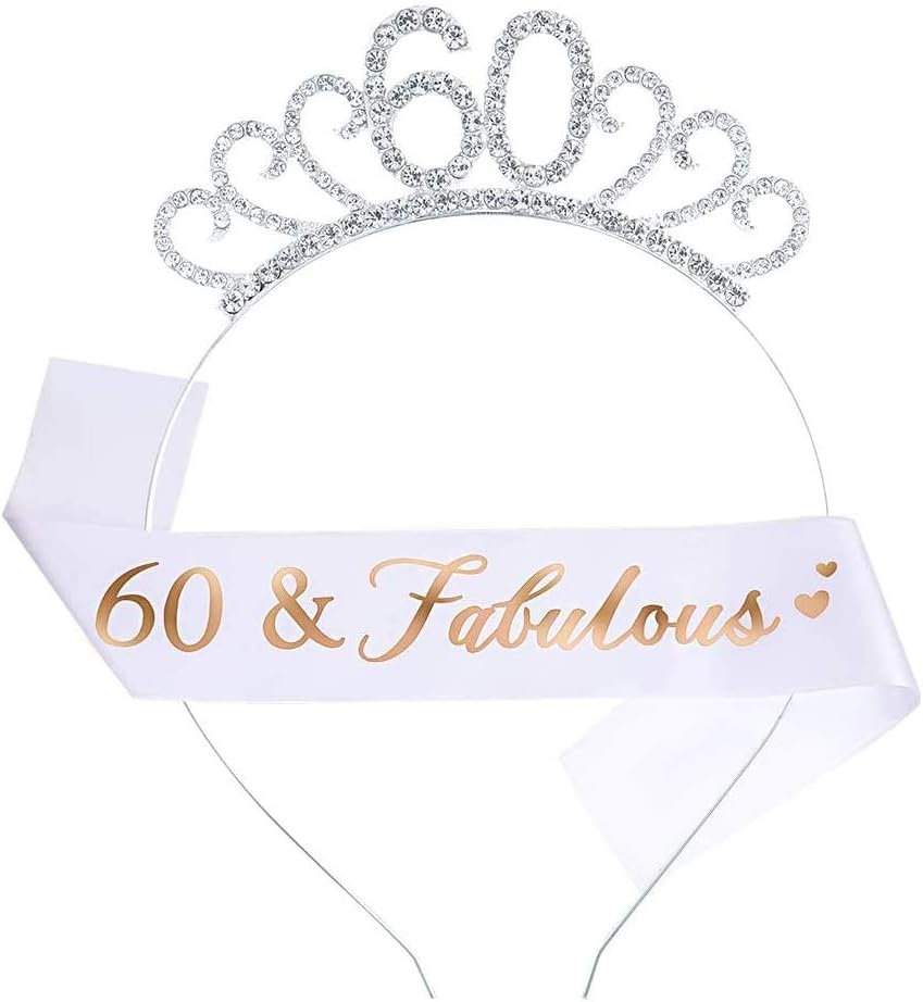 Suithink 60th Birthday Tiara and Sash, 60 Fabulous Glitter Satin Sash and Crystal Tiara Crown for Women 60th Party Decorations