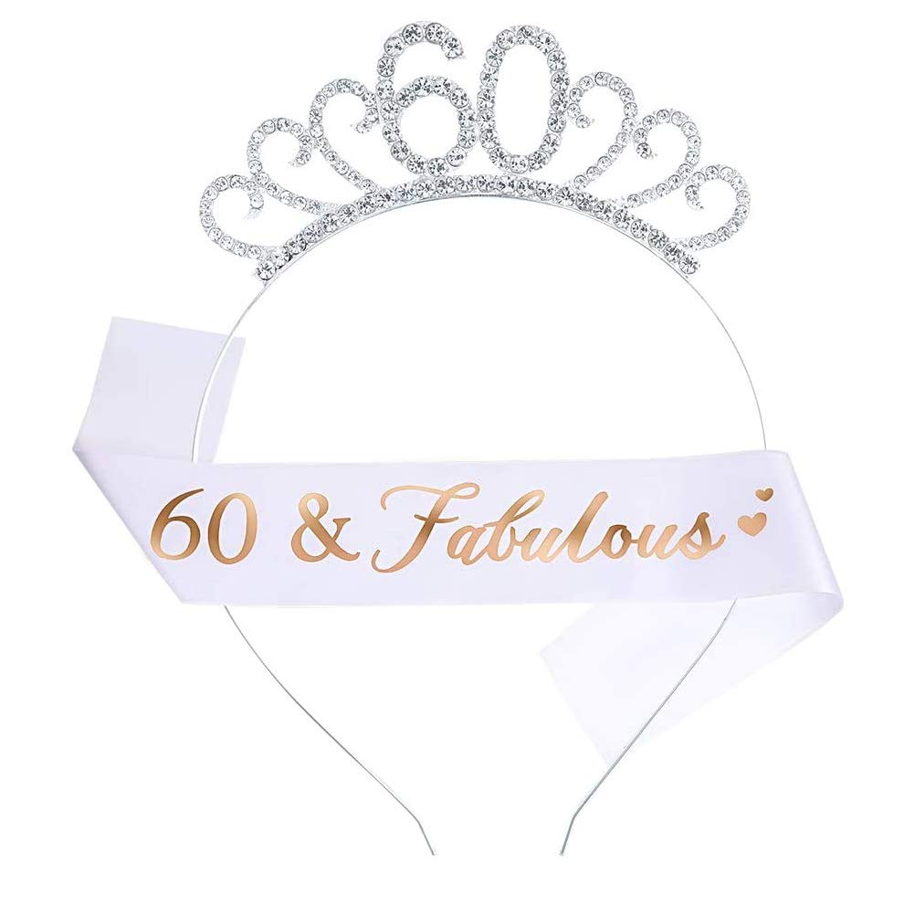 Suithink 60th Birthday Tiara and Sash, 60 Fabulous Glitter Satin Sash and Crystal Tiara Crown for Women 60th Party Decorations